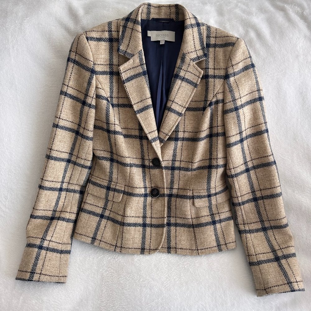 Hobbs London Hackness plaid wool blazer jacket in neutral